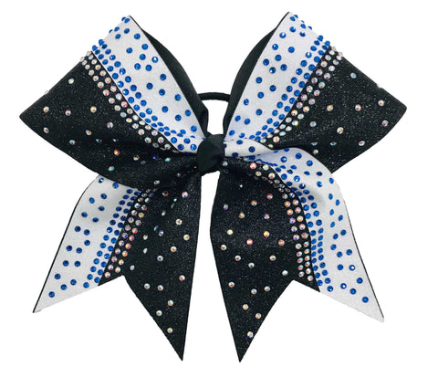 Black and white cheer hair bow with cobalt blue and silver rhinestones on a white background