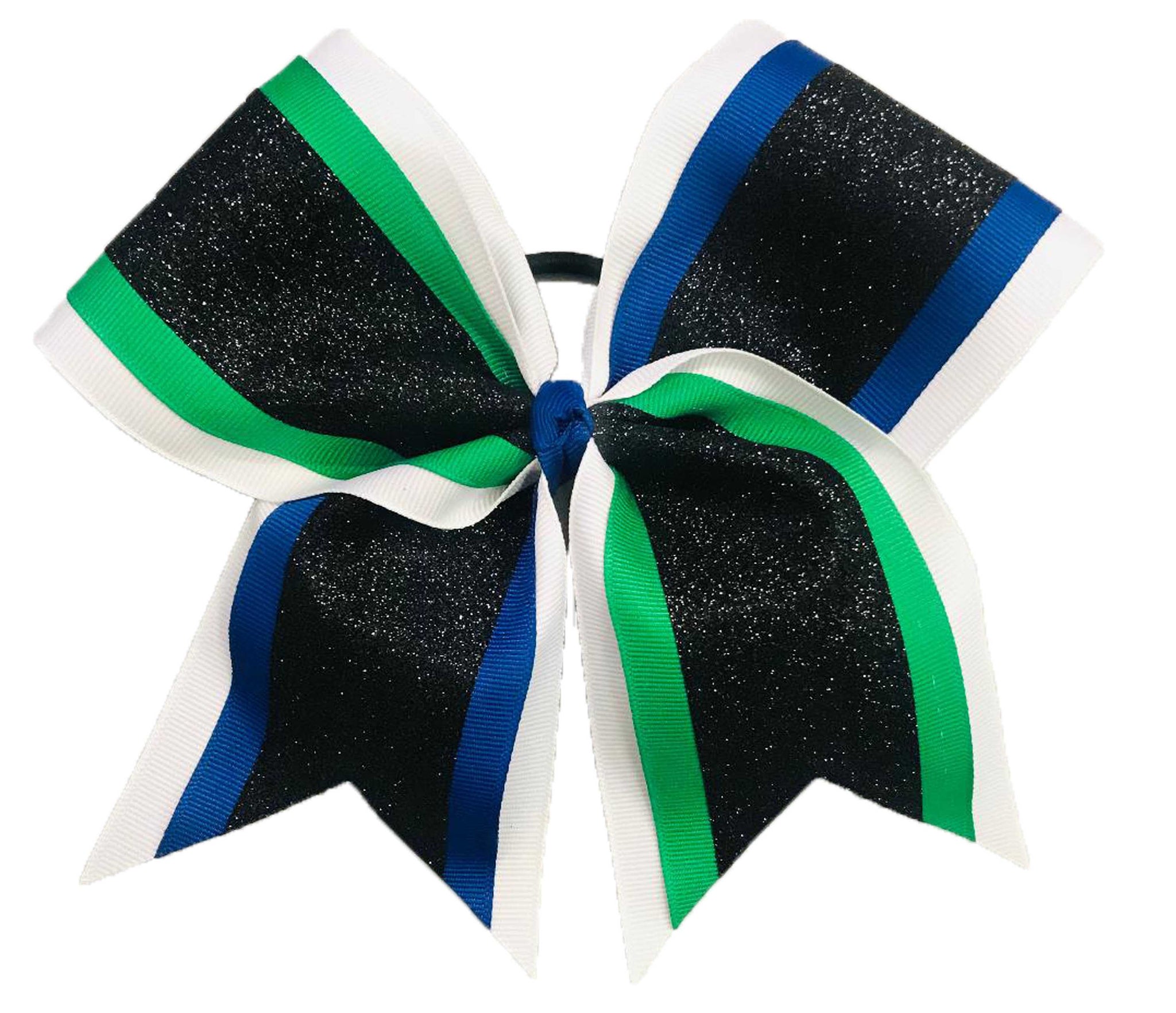Multicolored glittery bow with green, blue, and black ribbons on a white background