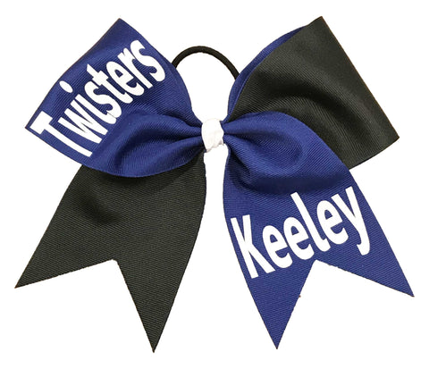 Blue and black cheer hair bow with 'Twisters' and 'Keeley' text on a white background