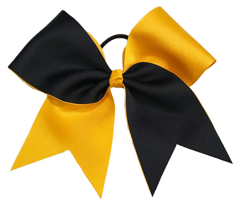 Black and yellow gold cheer hair bow on a white background