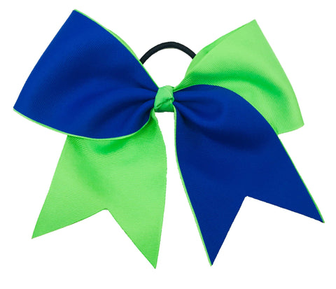 Electric Blue and neon green cheer hair bow on a white background