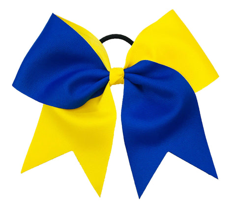 Electric Blue and sunshine yellow cheer bow on a white background