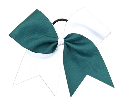 Forest green and white cheer bow on a white background