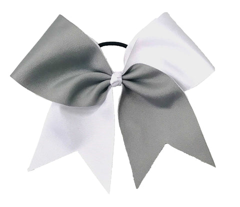Gray and white cheer hair bow on a white background