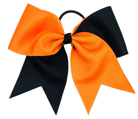 Orange and black cheer hair bow on a white background