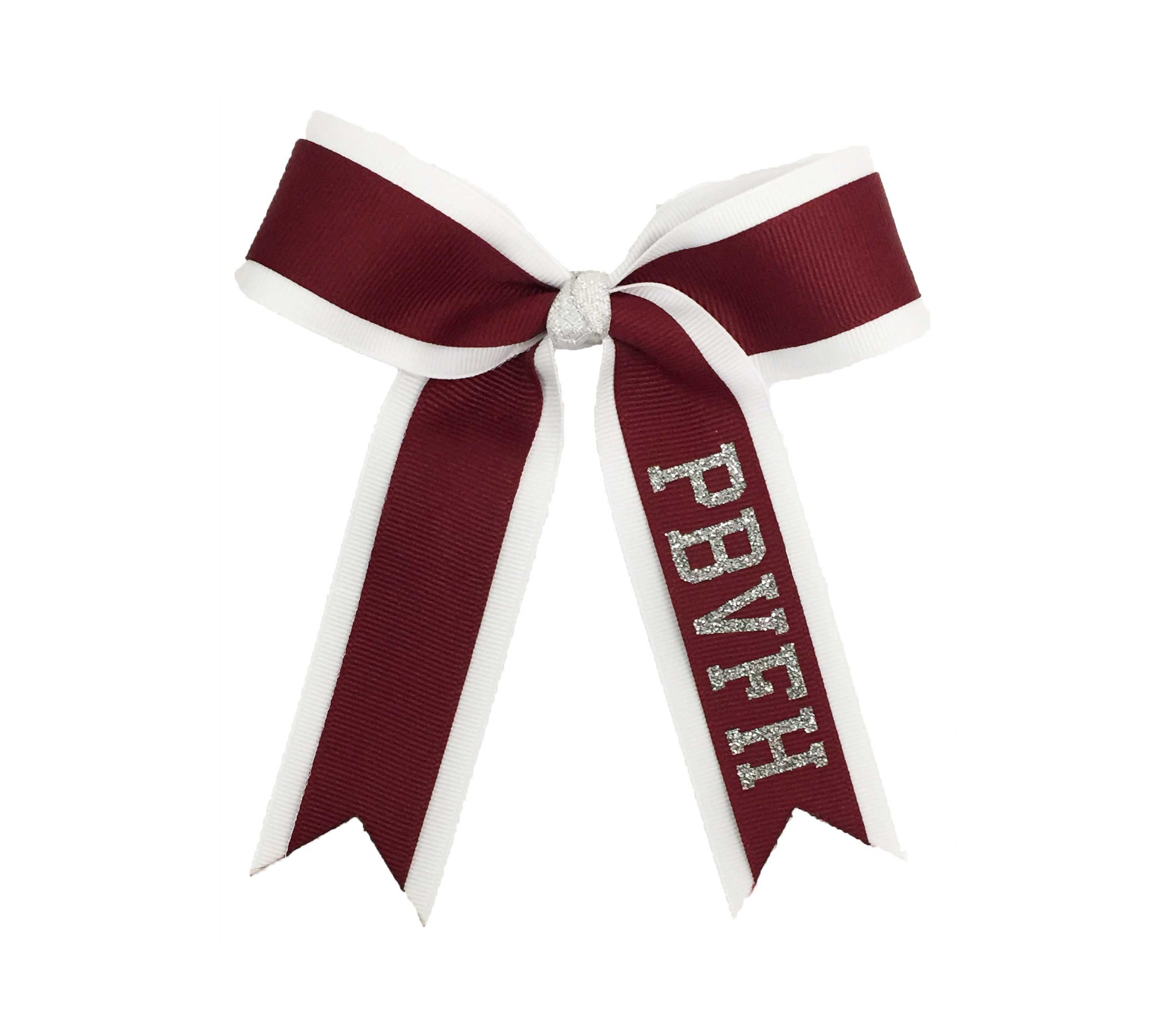 Maroon and white ribbon with personalized text on the tail on a white background