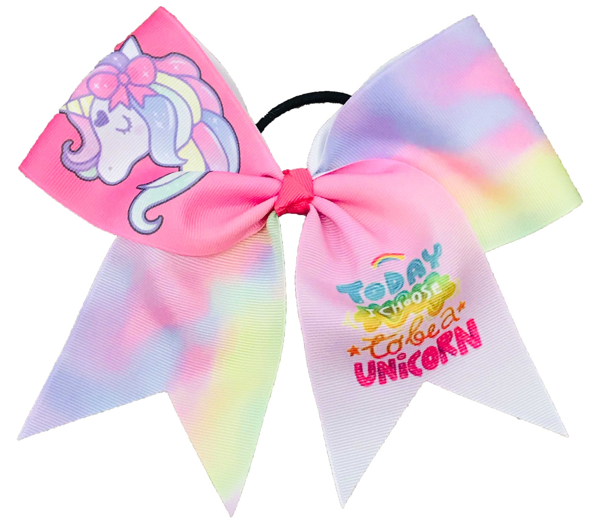 Colorful pastel pink bow with unicorn design and text on a white background