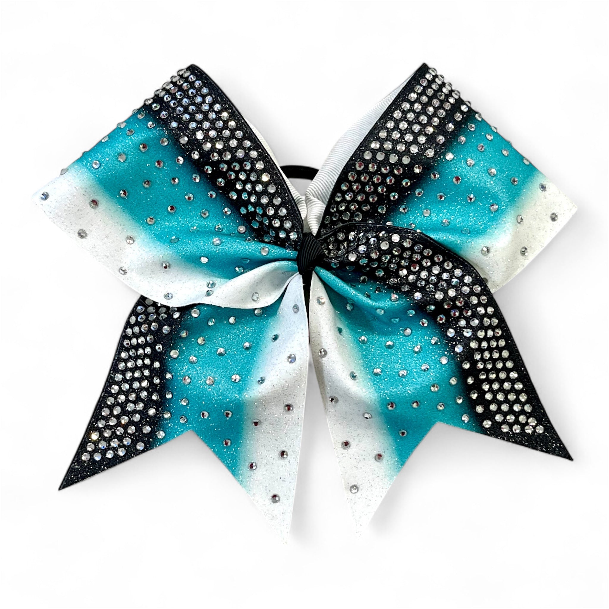 Glitter and Rhinestone hair bow with aqua, black, and white colors on a white background