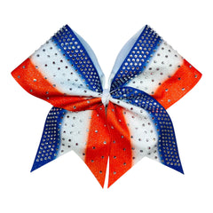 A cheerleader-style hair bow with three rows of ombre color, orange glitter outer loops, and blue glitter inner loops, all decorated with silver rhinestones.
