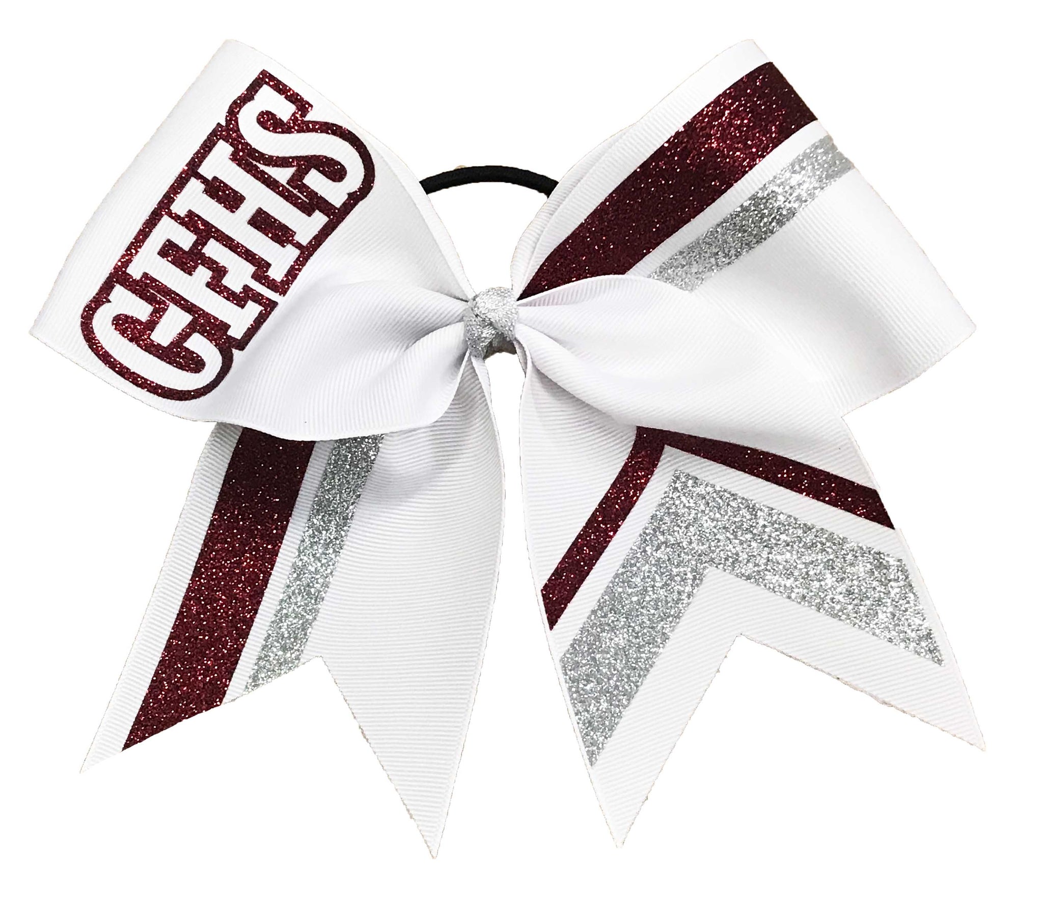 Varsity Squad Glitter Stripes Cheer Bow | High School Cheer Bow | Striped Cheer Bow | Glitter Football Cheer Bow | CFHS | Maroon | Silver | varsity-cheer-softball-school-recreational-cheer