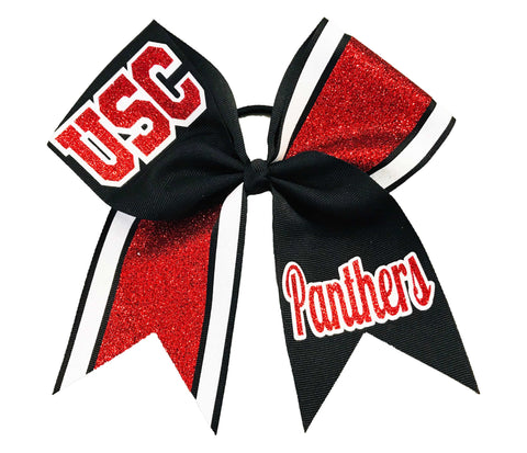 Recreational Cheer | Red Black White | Cheer Bow | Football Cheer Bow | glitter-stripes-red-gold-white-cheer-bow-glitter-varsity-cheer-school-recreational-cheer