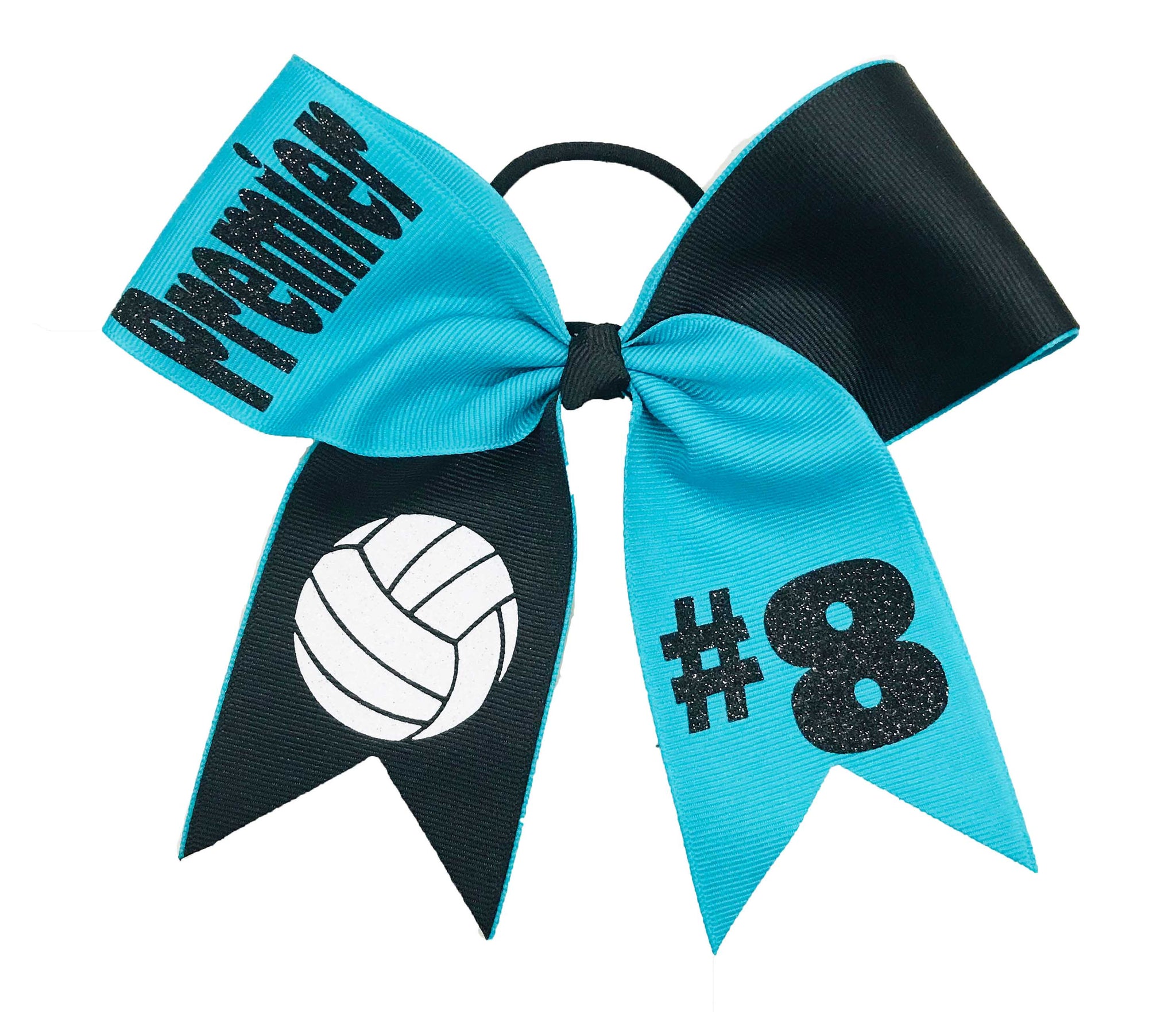 Turquoise Blue and black volleyball bow with volleyball design and '#8' on a white background