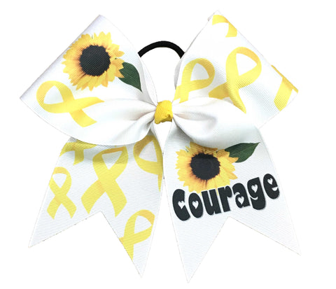 White hair bow with yellow childhood cancer ribbons and sunflowers, featuring the word 'Courage'.