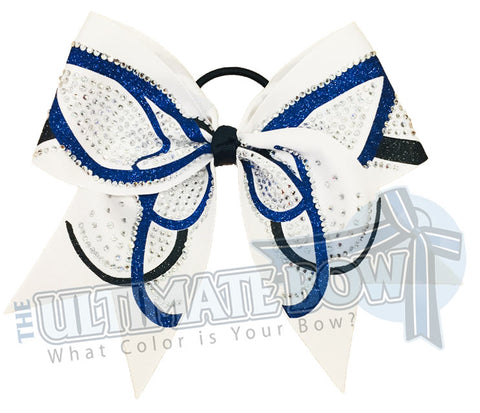rhinestone-butterfly-effect-glitter-royal-white-black-cheer-bow - cheerleading hair bow