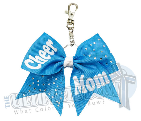 Rhinestones Cheer Mom Key Chain Bow | Columbia Blue ribbon | Purse Bow | Backpack Accessory | Cheer Mom Rhinestone Key Chain Bow