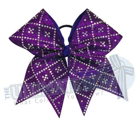 Double Diamond Deluxe Glitter Rhinestone Cheer Bow | Purple Full Glitter | Diamond Rhinestones | Competition Cheer Bow |