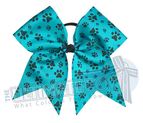 sublimated  paw print cheer bow | Paw Print cheer bow | teal and black cheer bow | softball | Sports hair bow