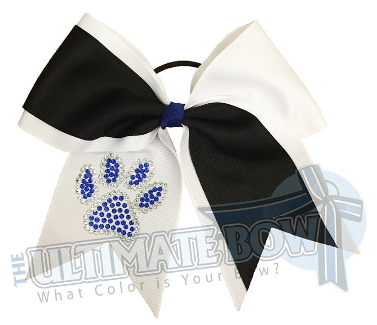 game-on-rhinestone-paw-print-grosgrain-ribbon-texas-sized-cheer-bow-softball-white-black-cobalt-rhinestones