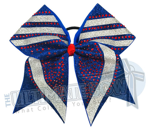 rhinestone-glitter-trending angles-Royal Blue glitter- Silver glitter -red rhinestones -cheer-bow-full-glitter-cheerleader hair bow