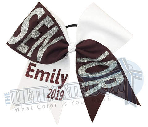 Senior-year-class-2019-Tick Tock-glitter-personalized-cheer-bow-softball-bow-practice-bow-cheerleading-graduation-maroon-white-silver glitter