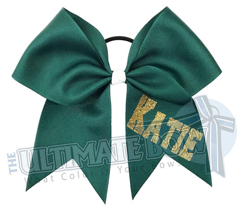 personalized cheer bow | my bow | Gold glitter | forest green ribbon | softball | Sports hair bow | Varsity Font