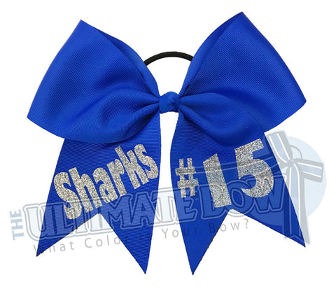 Name and Number Hair Bow | Personalized Team Softball Bows | Team Name | Player Number | Electric Blue Ribbon | Silver Glitter | Personalized