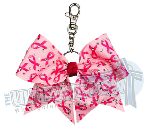 Pink Ribbon Awareness Rhinestone Key Chain Bow | Breast Cancer Key Chain Bow