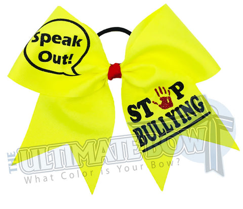 Speak out - Stop Bullying Cheer Bow - Stop Bullying Neon Yellow Bow - social awareness cheer bows