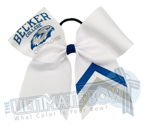 sublimated logo chevron cheer bow | personalized cheer bow | custom logo | white logo cheer bow | softball | Sports hair bow | Becker College