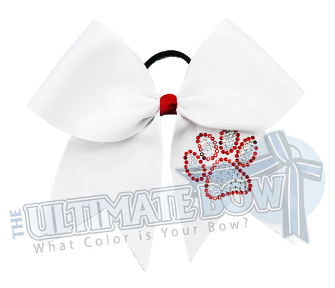 Paw Print Cheer Bow | Red and White Cheer Bow | superior-rhinestone-paw-print-red-white-crystal-cheer-bow
