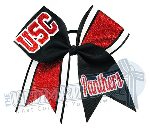 Recreational Cheer | Red Black White | Cheer Bow | Football Cheer Bow | glitter-stripes-red-gold-white-cheer-bow-glitter-varsity-cheer-school-recreational-cheer