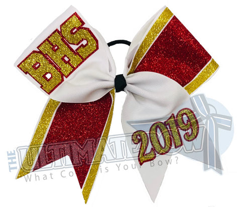 BHS-glitter-stripes-red-gold-white-cheer-bow-glitter-varsity-cheer-softball-school-recreational-cheer