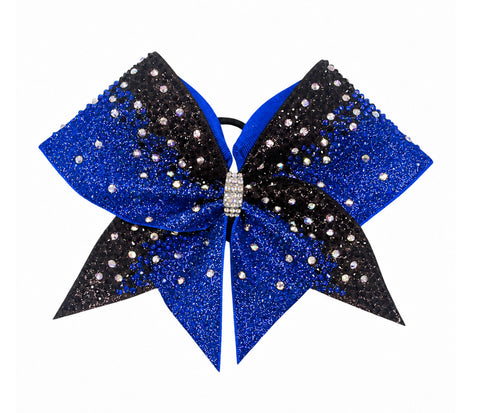 Royal Blue and black gradient glitter competition cheer bow covered in black, royal, and iridescent AB rhinestones on white background.