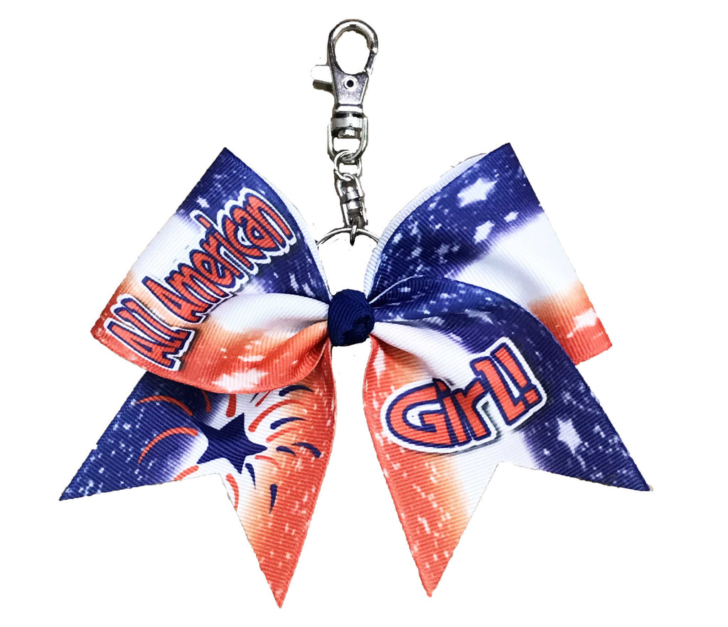 Red, White and Blue Bow keychain with 'All American Girl!' text on a white background