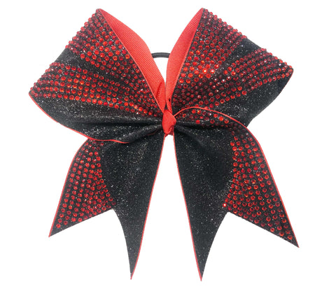 Black and red glittery cheer bow with red rhinestines on a white background