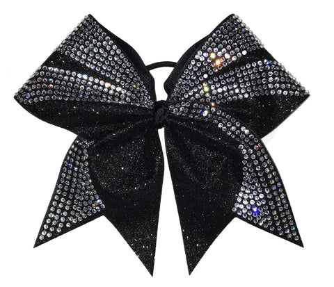 Black glitter cheer bow with rhinestones on a white background