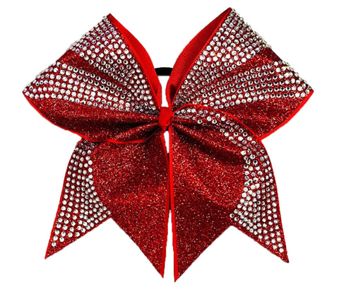 Red glittery cheer bow with rhinestones on a white background