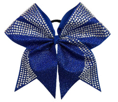 Blue glittery cheer bow with rhinestones on a white background