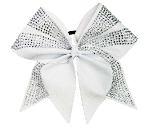 White glitter cheer bow with rhinestone accents on a white background
