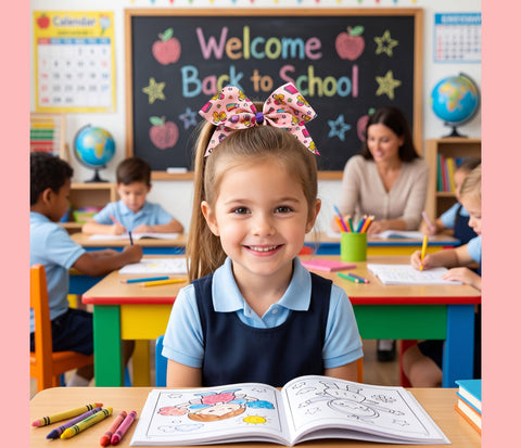 A young girl with a back to school bow in her hair smiles at the camera in a school classroom, wearing a navy and light blue school uniform. Other children and a teacher are visible in the background, with a 'Welcome Back to School' chalkboard on the wall.