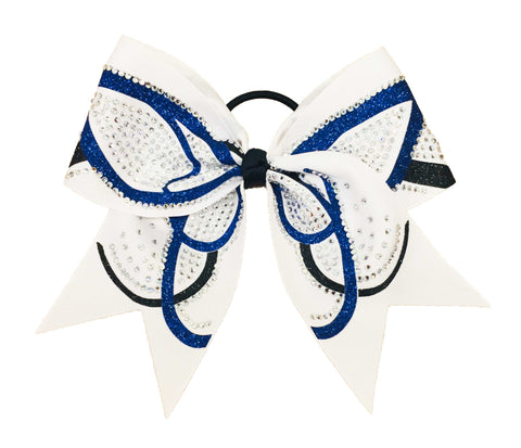 White hair bow with rhinestones and black and royal blue butterfly accents on a white background
