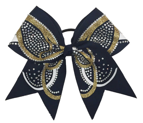 Navy blue and gold butterfly glitter bow with rhinestones on a white background