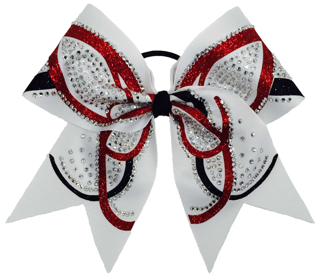 White cheer bow with red and black butterfly accents on a white background