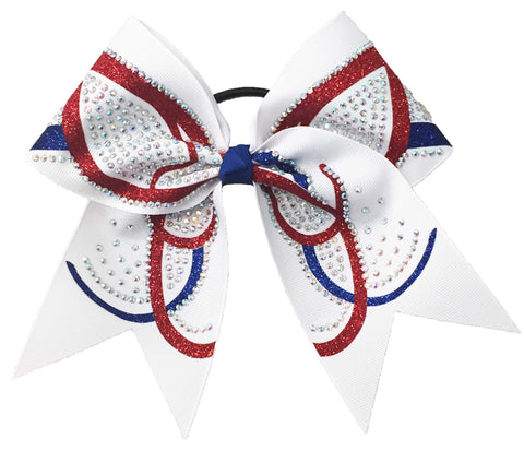 White hair bow with rhinestones and red and royal blue butterfly accents on a white background