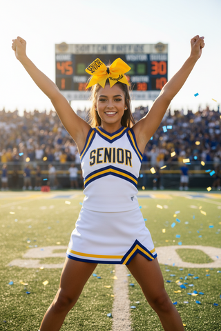Cheerleader wearing a Rise Above Senior Cheer Bow in a football stadium