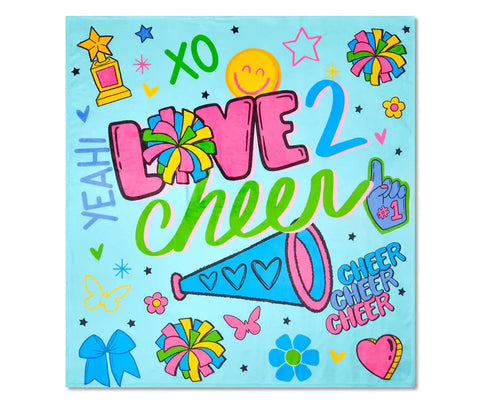 A square light blue plush blanket featuring a colorful, hand-drawn style graphic with the words 'LOVE 2 cheer' in pink and green lettering, surrounded by cheer-themed doodles including a megaphone, pom-poms, bows, flowers, stars, and a trophy.