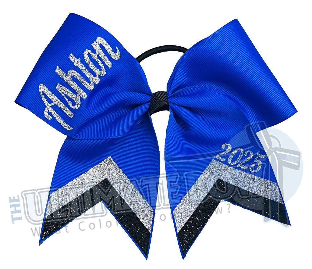 Chevron Cheer Bow | Personalized Cheer Bow | Class Year Cheer Bow | Class of 2025 | Electric Blue Black Silver Senior Bow