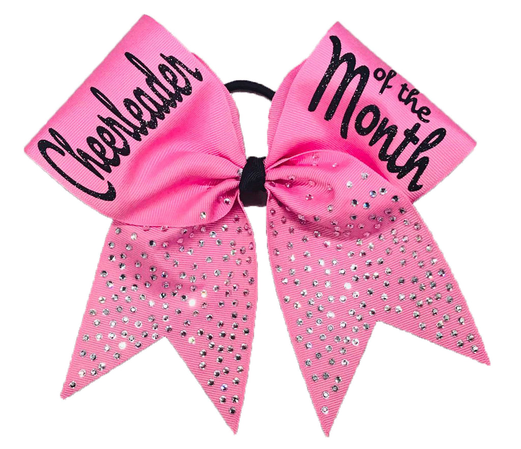 Hot Pink glittery cheer bow with 'Cheerleader of the Month' text on a white background