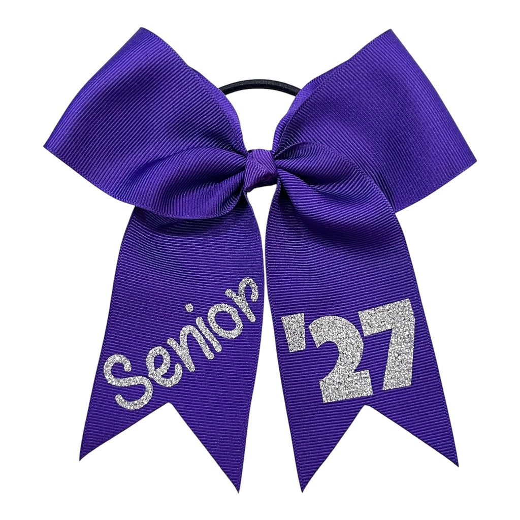 Class Act purple cheer bow with silver glitter Senior and 27 design on a white background.