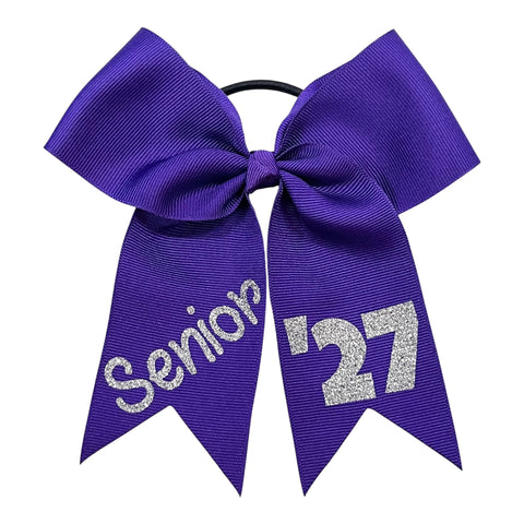Class Act purple cheer bow with silver glitter Senior and 27 design on a white background.